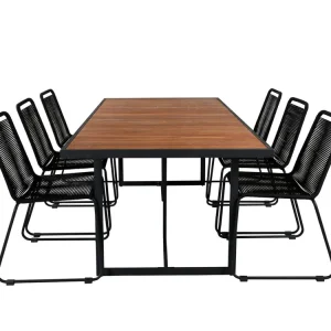 Khung tuinmeubelset tafel 100x200cm en 6 stoel stapel Lindos zwart, naturel.