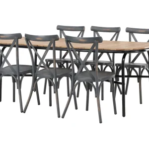 Holmbeck tuinmeubelset tafel 90x200cm naturel, 6 stoelen Peking donkergrijs.