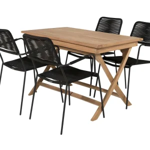Kenya tuinmeubelset tafel 70x120cm naturel, 4 stoelen Lindos zwart.