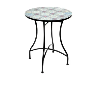 Ronde bistro tuintafel collectie PORTO - Decoratieve moza?ek - Zwart metaal - ?60xH71 cm