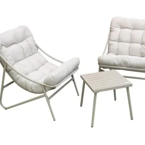 Tuinset 2 zitplaatsen ?C Beige met witte kussens ?C 2 fauteuils + bijzettafel