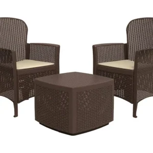 Dakain buitenloungeset, Tuinset met 2 fauteuils en 1 opbergtafel, Lounge met rotaneffect, 100% Made in Italy, Bruin