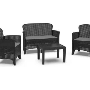 Debois outdoor loungeset, Tuinset met 2 fauteuils, 1 bank en 1 salontafel, Rotan effect lounge met kussens, 100% Made in Italy, Antraciet