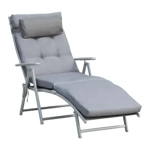 Verstelbare, opvouwbare loungestoel met kussen, metaal en stof, grijs (137x63,5x100,5cm)