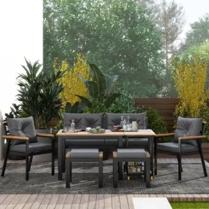 Tuintafel en stoelen set 6-7 zits met fauteuils en afneembare eetkar, afneembare stoffen hoes, zwart + grijs