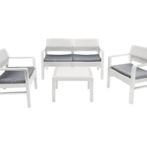 Carpi outdoor loungeset, Tuinset met 2 fauteuils, 1 bank en 1 salontafel, Rotan effect lounge met kussens, 100% Made in Italy, Wit