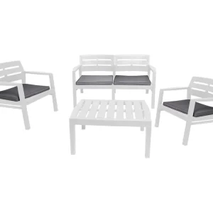 Massa outdoor loungeset, Tuinset met 2 fauteuils, 1 bank en 1 salontafel, Binnen- en buitenlounge met kussens, 100% Made in Italy, Wit