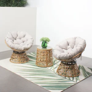 Loungeset PAPASAN met 2 draaibare fauteuils en 1 tafel van natuurlijk rotan met beige kussens