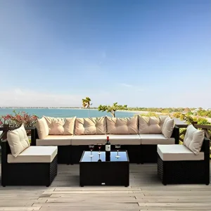 Modulaire Loungeset 5-Zits van Vlechtwerk NACULA Zwart met Beige Kussens